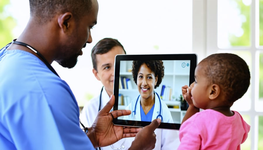 Healthcare provider using digital translation tools to communicate with diverse family