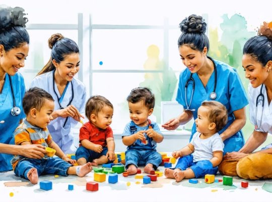 A conceptual illustration of pediatric nurses from diverse cultural backgrounds engaging with children in a hospital, with cultural symbols and elements symbolizing inclusivity in healthcare.