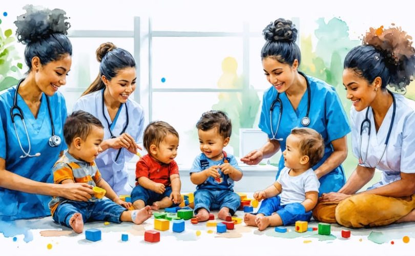 A conceptual illustration of pediatric nurses from diverse cultural backgrounds engaging with children in a hospital, with cultural symbols and elements symbolizing inclusivity in healthcare.