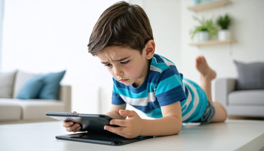 Young child showing visible stress while looking at a tablet screen in a dimly lit room