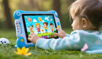 A young child using a colorful and interactive mental health education app on a tablet, surrounded by playful animated emotion characters, promoting emotional wellness learning in a digital environment.