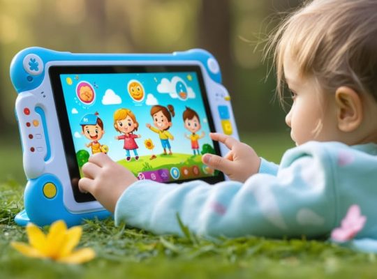 A young child using a colorful and interactive mental health education app on a tablet, surrounded by playful animated emotion characters, promoting emotional wellness learning in a digital environment.