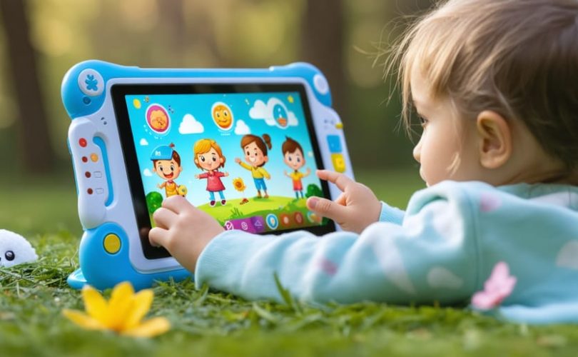 A young child using a colorful and interactive mental health education app on a tablet, surrounded by playful animated emotion characters, promoting emotional wellness learning in a digital environment.