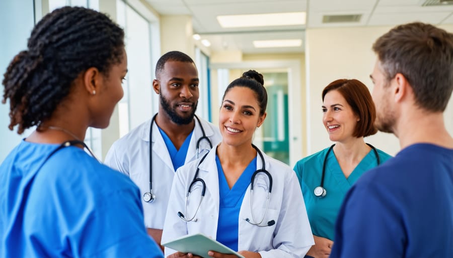 Multi-ethnic group of healthcare professionals engaged in collaborative discussion