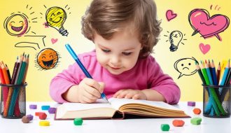 A young child engaged in journaling, using emotion stickers and drawing spaces, surrounded by art supplies, emphasizing the importance of early intervention in children's mental health.