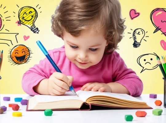 A young child engaged in journaling, using emotion stickers and drawing spaces, surrounded by art supplies, emphasizing the importance of early intervention in children's mental health.