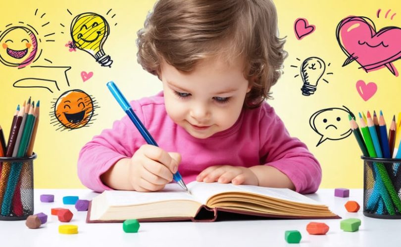 A young child engaged in journaling, using emotion stickers and drawing spaces, surrounded by art supplies, emphasizing the importance of early intervention in children's mental health.