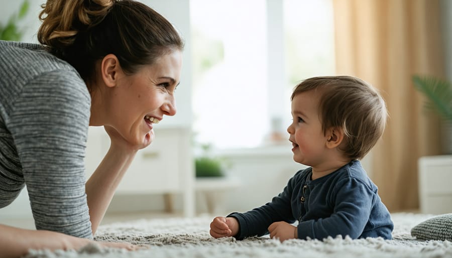 Parent sitting at child's level, making eye contact while child expresses emotions