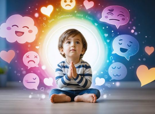 A child, surrounded by a vibrant halo of emotions, in conversation with a parent maintaining eye contact, against a backdrop with elements symbolizing communication and emotional bonds.