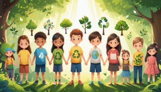 Diverse group of children and teenagers holding symbols of nature and sustainability, illustrating unity and hope against climate challenges.