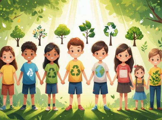 Diverse group of children and teenagers holding symbols of nature and sustainability, illustrating unity and hope against climate challenges.