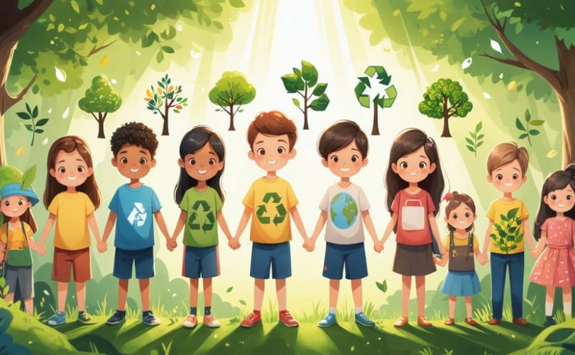 Diverse group of children and teenagers holding symbols of nature and sustainability, illustrating unity and hope against climate challenges.