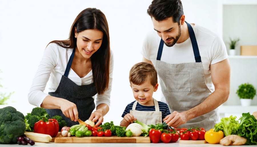 Parent and child cooking healthy meal with vegetables, fish, and whole grains