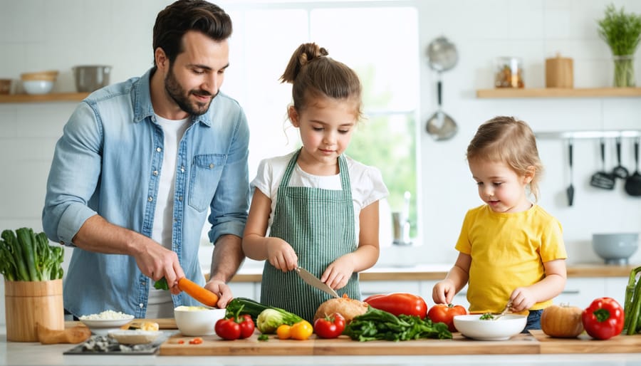 Parents and children preparing healthy meals together in the kitchen