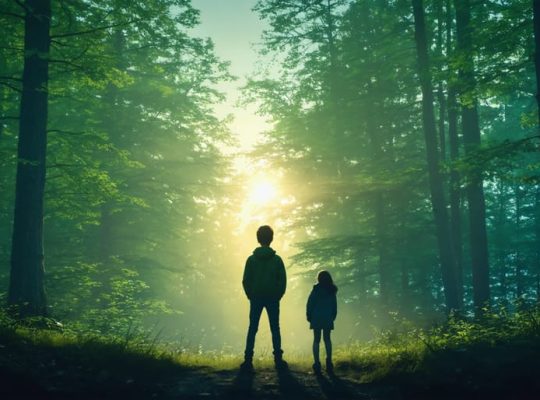 A conceptual illustration of a teenager at the edge of a forest symbolizing adolescence, with a supportive parent standing in the background, signifying guidance and independence.