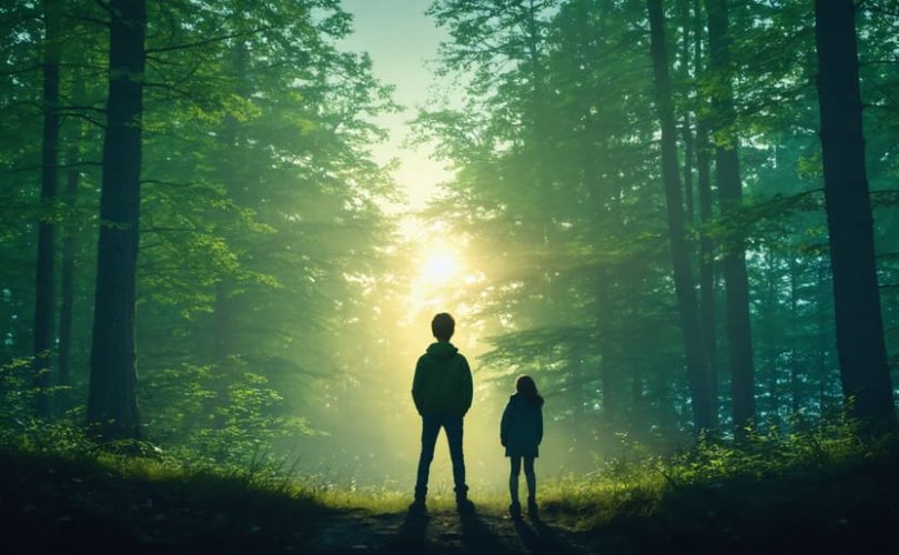 A conceptual illustration of a teenager at the edge of a forest symbolizing adolescence, with a supportive parent standing in the background, signifying guidance and independence.