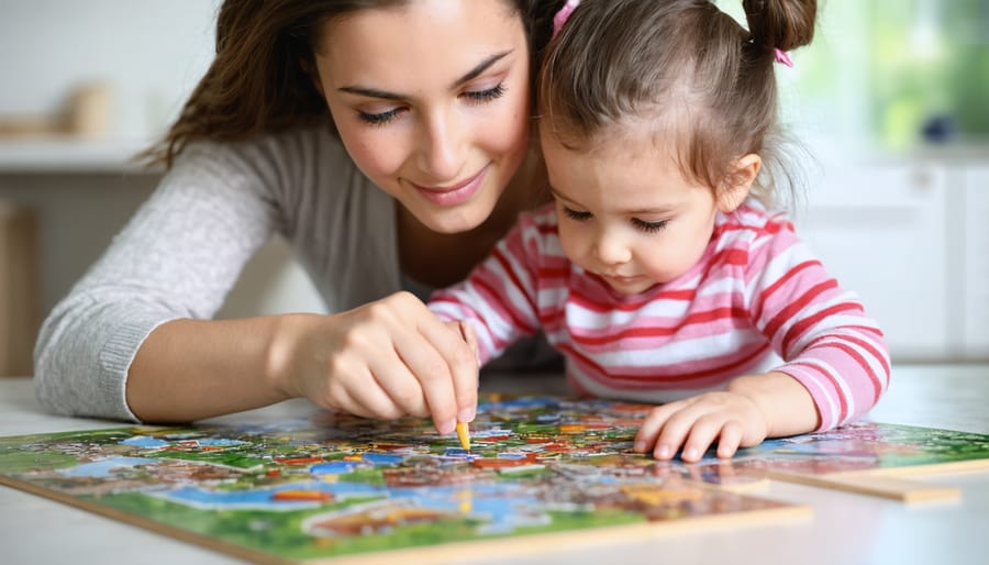 Parent helping child with educational activity, showing supportive learning environment