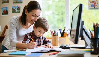 Parent and child working together on homework at a kitchen table, surrounded by books and educational materials, symbolizing active family engagement in education.