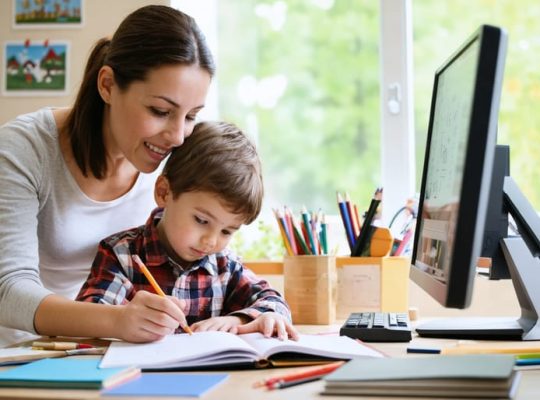 Parent and child working together on homework at a kitchen table, surrounded by books and educational materials, symbolizing active family engagement in education.