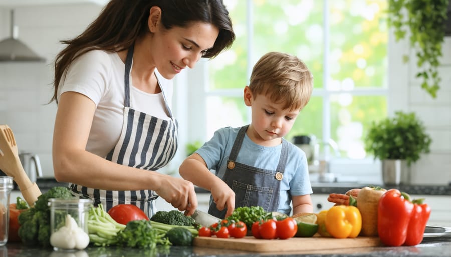 Family cooking healthy food together, demonstrating care for physical well-being