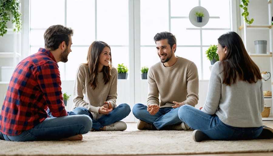 Family members engaged in supportive conversation in living room setting