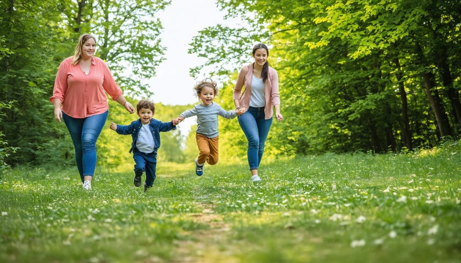 Parents and children doing yoga or stretching exercises in a park setting