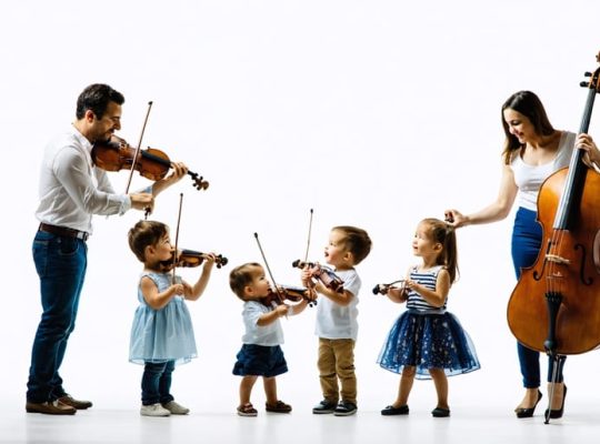 An illustration of a family representing an orchestra, with each member playing a different instrument symbolizing the functions of emotional security, social development, physical care, educational support, and values, showcasing the harmony needed for child mental health.