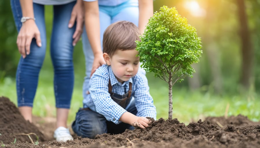 Family working together to plant trees in their community