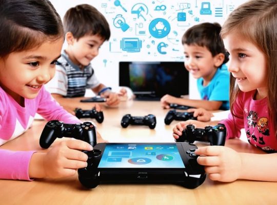 Children of various backgrounds engaged in gaming, surrounded by symbols of digital citizenship elements, representing education and digital engagement.