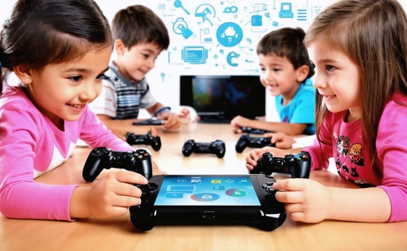 Children of various backgrounds engaged in gaming, surrounded by symbols of digital citizenship elements, representing education and digital engagement.