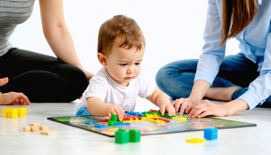 Young patient playing therapeutic video game with supportive therapist nearby