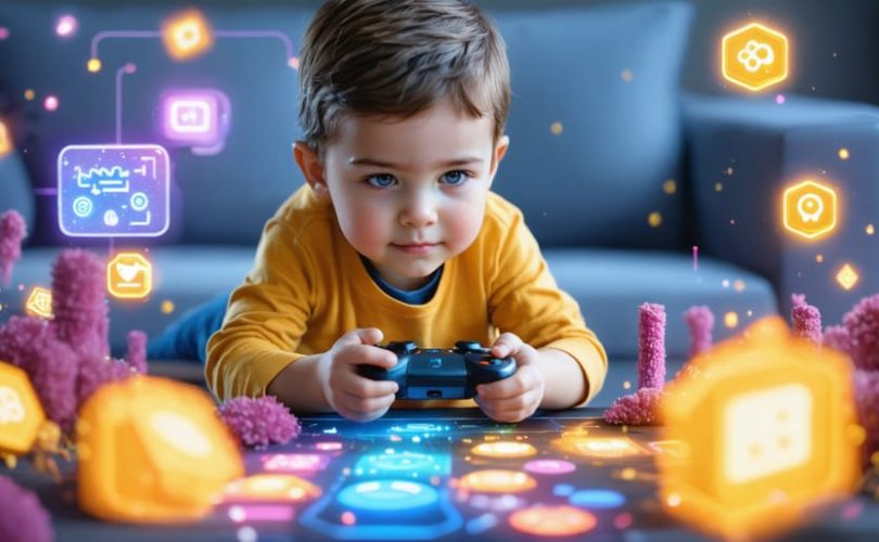 Child immersed in a therapeutic video game with interface elements illustrating emotional regulation, problem-solving, and social interaction, while a supportive therapist observes.