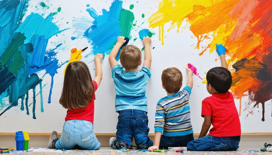 Children engaging in group art therapy, painting together on a shared canvas