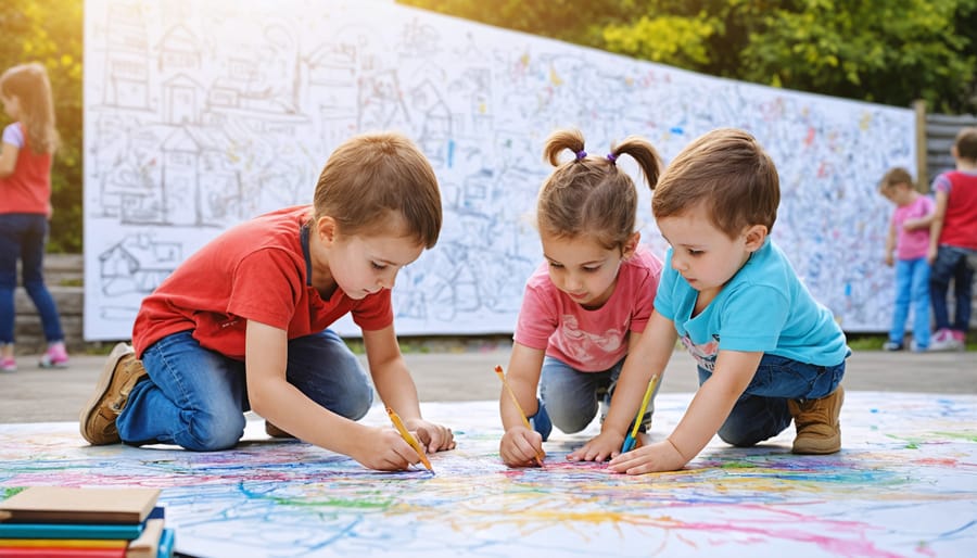 Children participating in group art therapy, painting a shared canvas