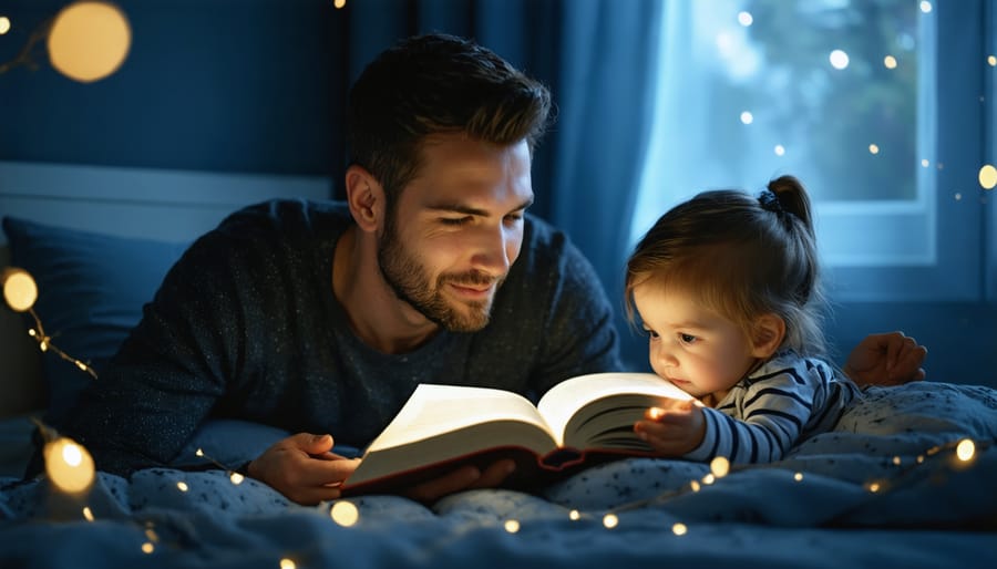 Parent and child enjoying screen-free bedtime story routine