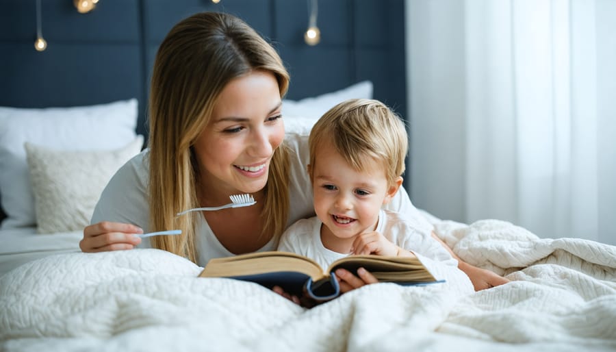 Parent and child engaged in a positive bedtime routine showing healthy sleep habits