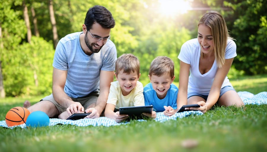 Family enjoying outdoor time together without digital devices, playing in a park