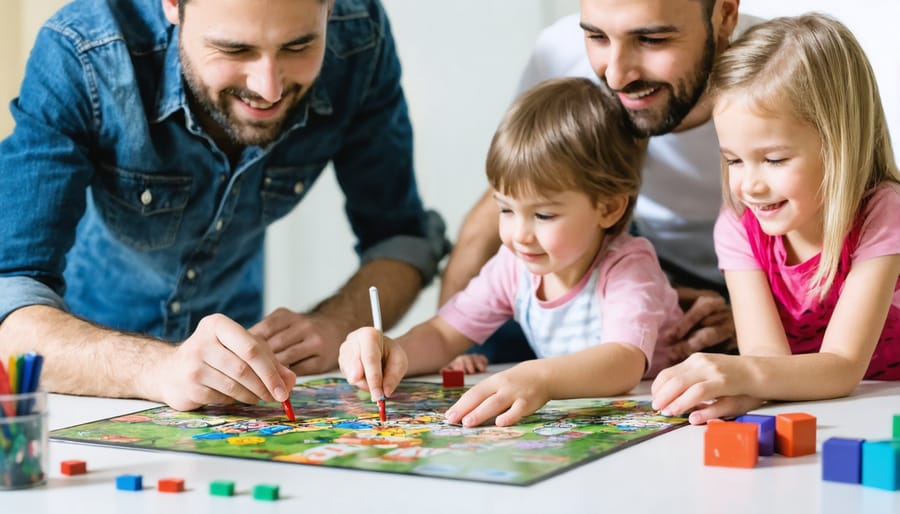 Happy family of four sitting around a table, enjoying quality time together