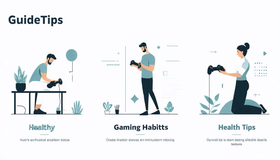 Visual guide displaying balanced screen time, proper posture, and regular break recommendations for healthy gaming