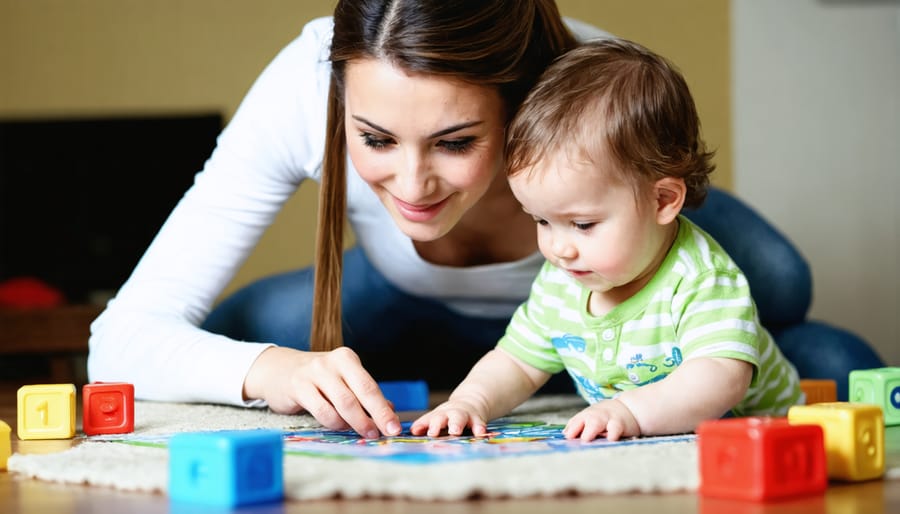 Parent and child engaging with therapeutic video game in living room environment