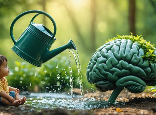 A conceptual illustration of water being poured onto a child's brain, depicted as a vibrant garden, representing the importance of hydration for mental well-being and cognitive function in children.