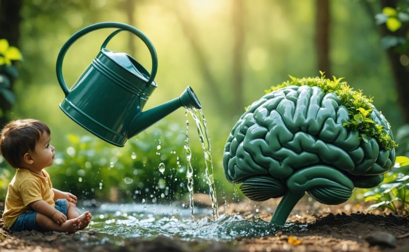 A conceptual illustration of water being poured onto a child's brain, depicted as a vibrant garden, representing the importance of hydration for mental well-being and cognitive function in children.