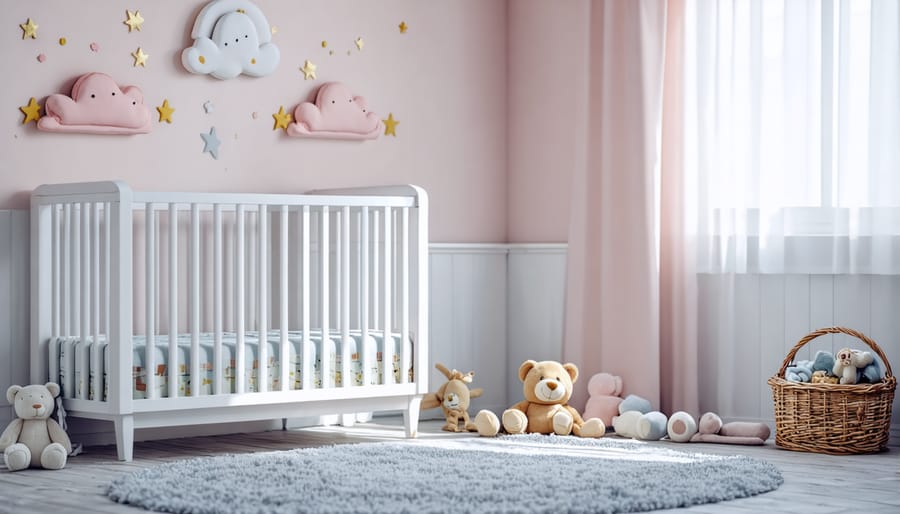 Dimly lit nursery room showing crib, blackout curtains, and white noise machine