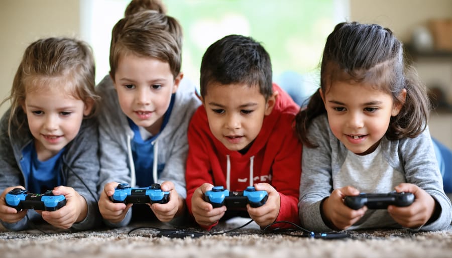 Children of different backgrounds playing video games together on consoles, tablets, and computers