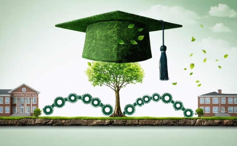 Visual representation of an integrated behavioral health degree, showing a graduation cap on a tree, interconnected cogs, and a bridge against a school building backdrop, symbolizing the fusion of mental health care and education.