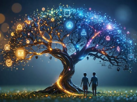 A conceptual image of a family tree fused with glowing neural connections linking multiple generations, symbolizing the transmission and transformation of mental health patterns across family history.