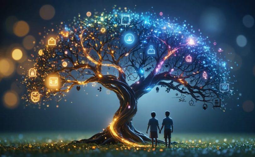 A conceptual image of a family tree fused with glowing neural connections linking multiple generations, symbolizing the transmission and transformation of mental health patterns across family history.