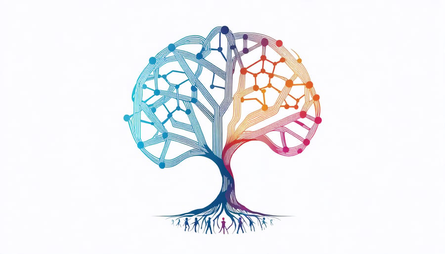 Artistic representation of a family tree with glowing neural connections linking different generations