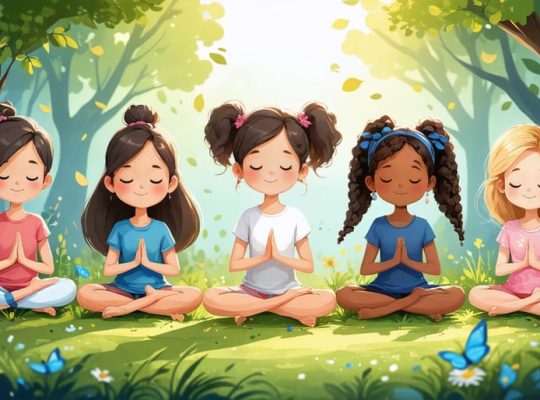 A diverse group of children practicing mindfulness in a vibrant natural setting, engaging in breathing exercises and observing their surroundings with peaceful expressions.