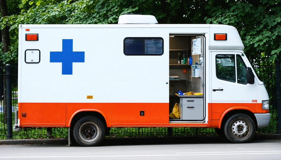 Healthcare professionals operating from a mobile clinic van serving homeless community members